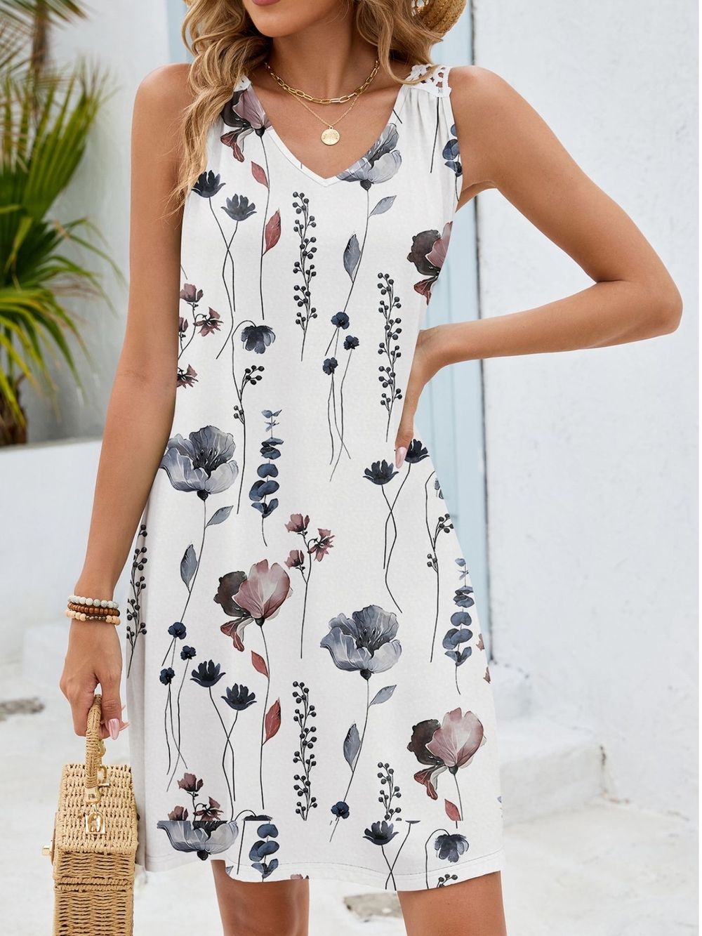 White Floral V-Neck Crochet Back Mini Sundress- Full & Plus Sizes - Picture 3 of 7